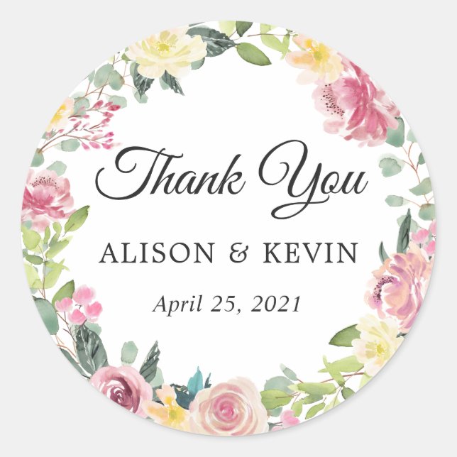 Sticker Rond Pastel Chic Floral Wreath Wedding Favor Merci (Devant)