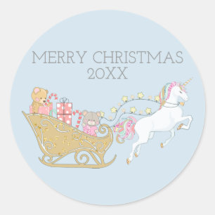 Sticker Rond Pastel Christmas Unicorn Père Noël Sleigh Baby B