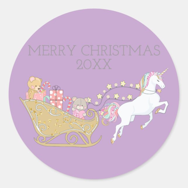 Sticker Rond Pastel Christmas Unicorne Père Noël Sleigh Purple (Devant)