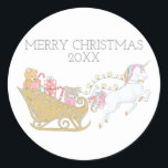 Sticker Rond Pastel Christmas Unicorne Père Noël Sleigh White<br><div class="desc">Collier blanc "Joyeux Noël" avec une licorne couleur pastel tirant Père Noël traîneau plein de jouets.</div>