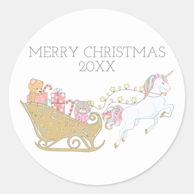 Sticker Rond Pastel Christmas Unicorne Père Noël Sleigh White (Devant)