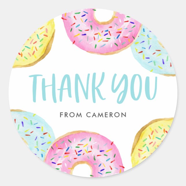 Sticker Rond Pastel Coloré Saupoudrer Donuts Anniversaire Merci (Devant)