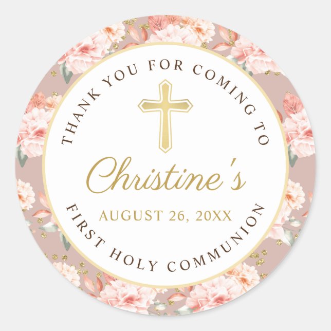 Sticker Rond Pastel Coral Floral Gold Cross 1ère Sainte Communi (Devant)