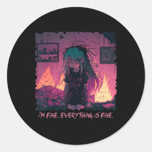 Sticker Rond Pastel Goth Menhera I'm Fine Sad Anime Girl Déplai
