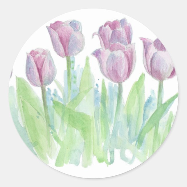 Sticker Rond Pastel Lavender Tulips Fleur Aquarelle Art (Devant)