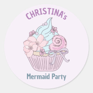 Sticker Rond Pastel Mermaid Cupcake Anniversaire Fête Mer