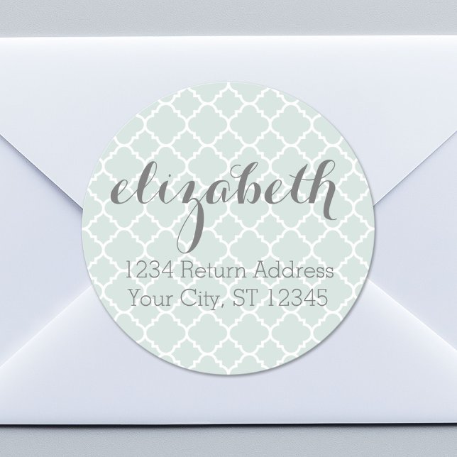 Sticker Rond Pastel Mint & Grey Quatrefoil Motif Nom personnali (Custom Return Address Sticker)