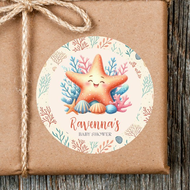 Sticker Rond Pastel Ocean Starfish Custom Name Baby Shower (Créateur téléchargé)