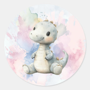 Sticker Rond Pastel Paint Splash Adorable Dinosaur Baby shower
