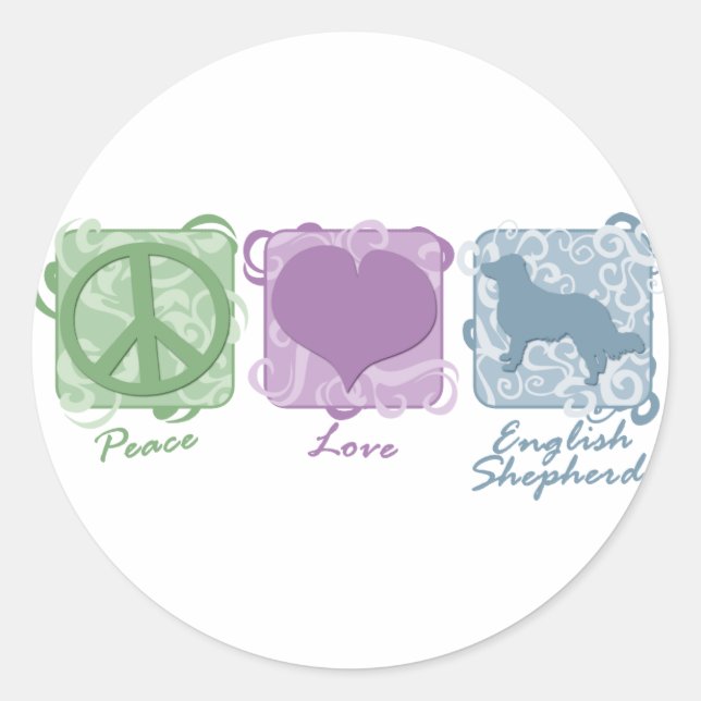 Sticker Rond Pastel Peace, Love et Anglais Shepherd (Devant)