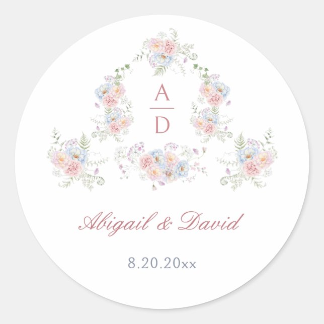 Sticker Rond Pastel Peonies Cadre Mariage Monogrammes (Devant)