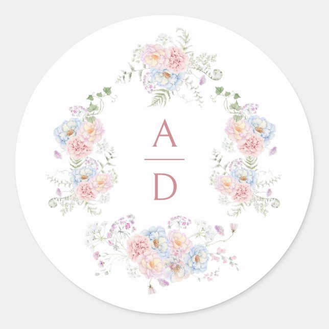 Sticker Rond Pastel Peonies Cadre Mariage Monogrammes (Devant)