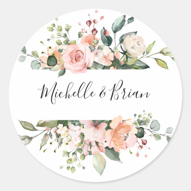 Sticker Rond Pastel Pink Blush Rose Floral Mariage botanique (Devant)