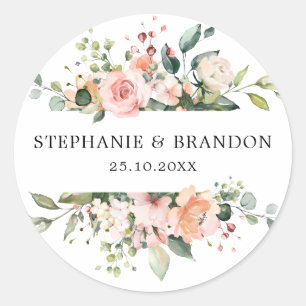 Sticker Rond Pastel Pink Blush Rose Floral Mariage botanique