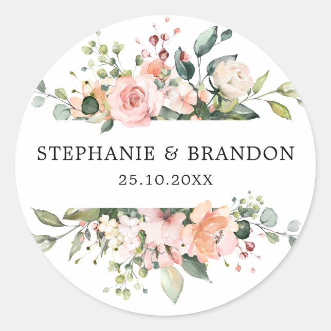 Sticker Rond Pastel Pink Blush Rose Floral Mariage botanique (Devant)