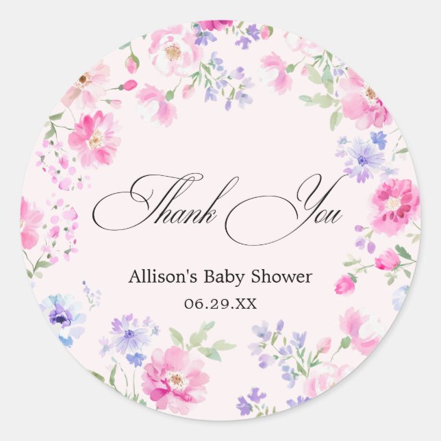 Sticker Rond Pastel Pink Floral Baby Shower Thank You (Devant)