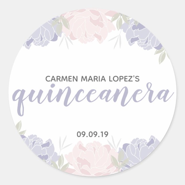 Sticker Rond Pastel Pink & Purple Peonies Quinceañera Anniversa (Devant)