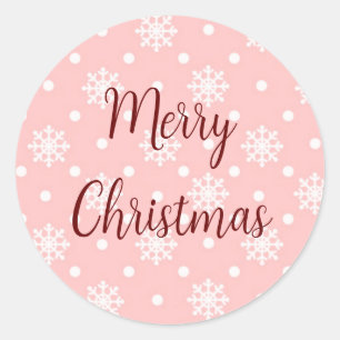 Sticker Rond Pastel Pink White Snowflakes Joyeux Noël