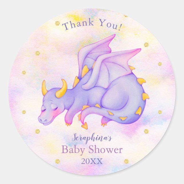 Sticker Rond Pastel Purple Dragon Girls Baby shower Merci (Devant)