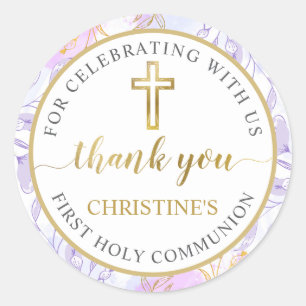 Sticker Rond Pastel Purple Or Floral Première Sainte Communion