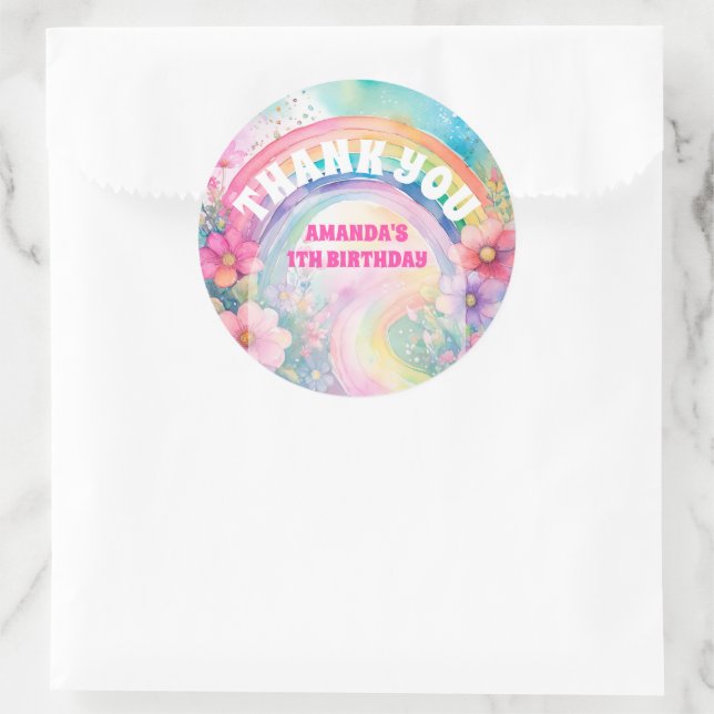 Sticker Rond Pastel Rainbow Flowers Retro Merci d'anniversaire (Sac)