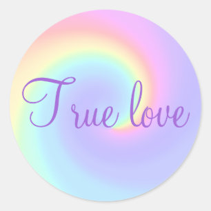 Sticker Rond Pastel Rainbow Swirl Lesbian Mariage "True Love"