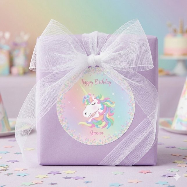 Sticker Rond Pastel Rainbow Unicorn Happy Birthday (Créateur téléchargé)