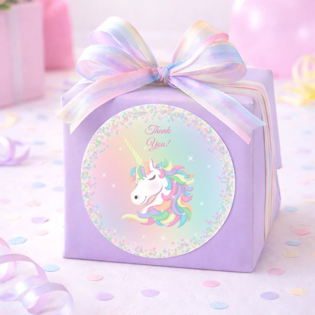 Sticker Rond Pastel Rainbow Unicorn Happy Birthday Thank You (Créateur téléchargé)