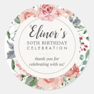 Sticker Rond Pastel Red Rose Floral 50e Anniversaire Merci