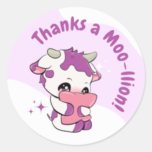 Sticker Rond Pastel Rose Violet Vache Blanc Cloud Merci