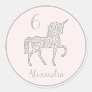 Sticker Rond Pastel Silver Unicorne fête d'anniversaire Nom pro