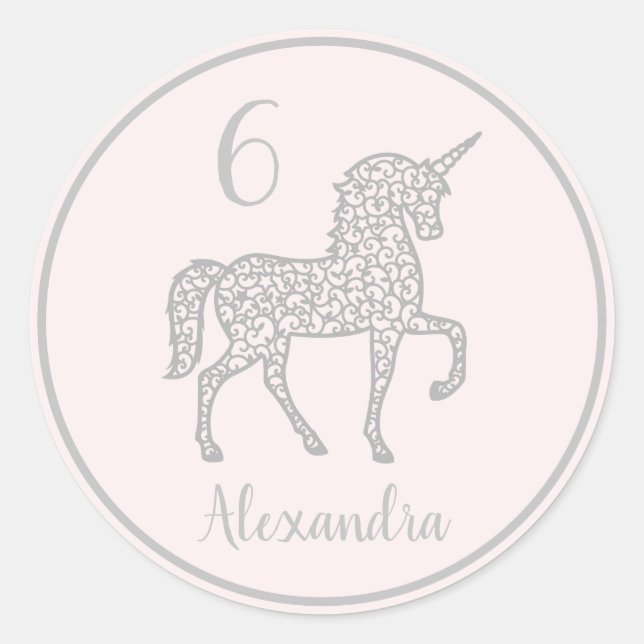 Sticker Rond Pastel Silver Unicorne fête d'anniversaire Nom pro (Devant)