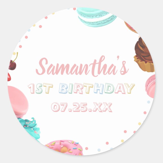 Sticker Rond Pastel Sweet Candy Lolipop Cupcake Donut Anniversa (Devant)