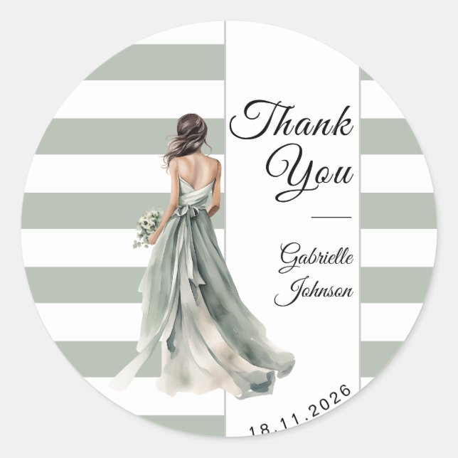 Sticker Rond Pastel Vert Sauge Rayures Mariée Baby Shower Fille (Devant)