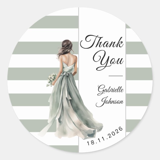 Sticker Rond Pastel Vert Sauge Rayures Mariée Réception de Mari (Devant)