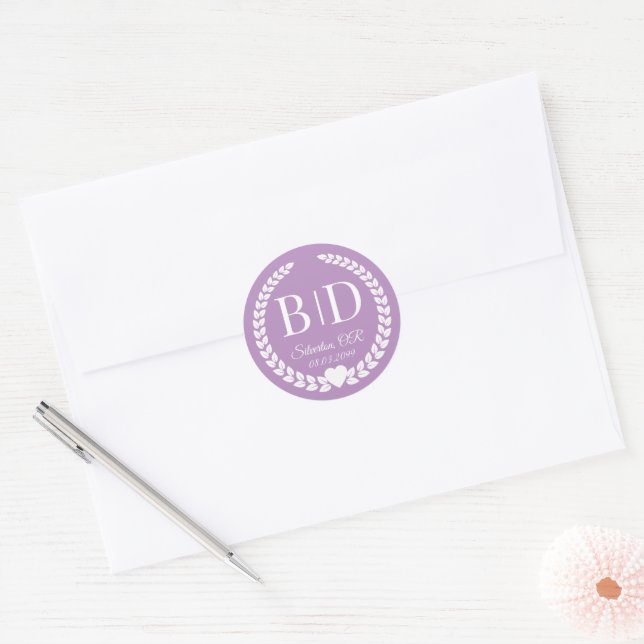 Sticker Rond Pastel violet mariée et Mariage de monogramme de c (Enveloppe)