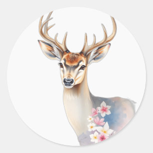 Sticker Rond Pastel Watercolor Cerf avec Flore