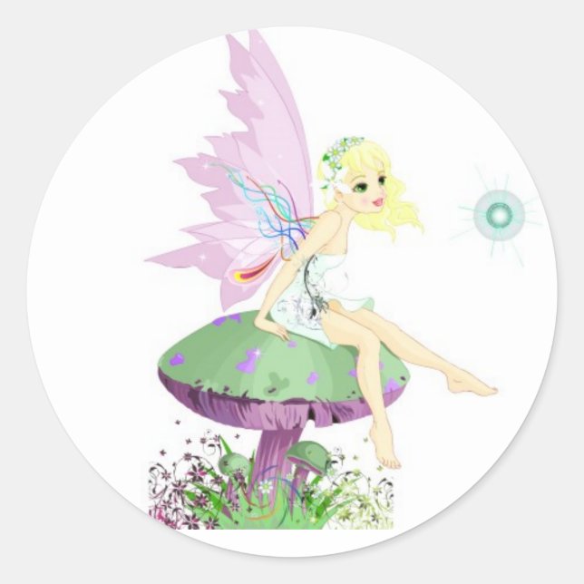 Sticker Rond Pastel Whimsical Garden fairy assis sur un champig (Devant)