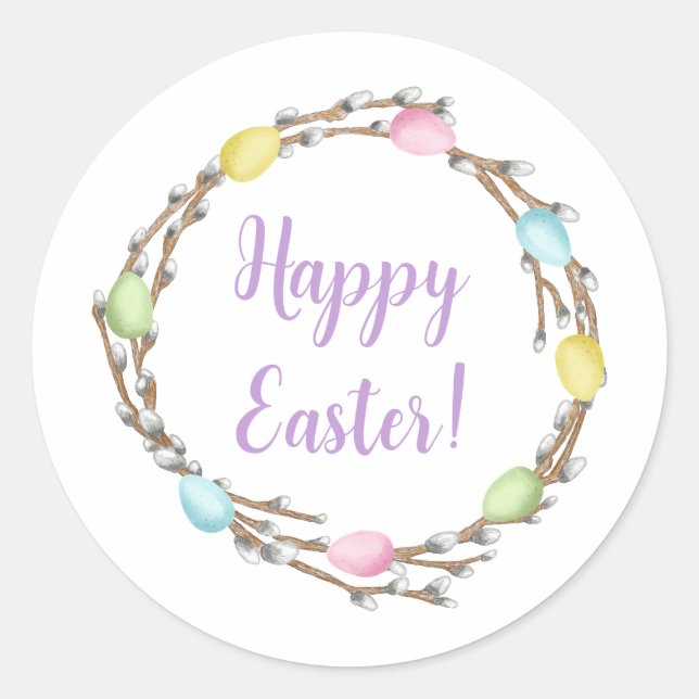 Sticker Rond Pastel Willow Wreath Colorful Happy Easter (Devant)