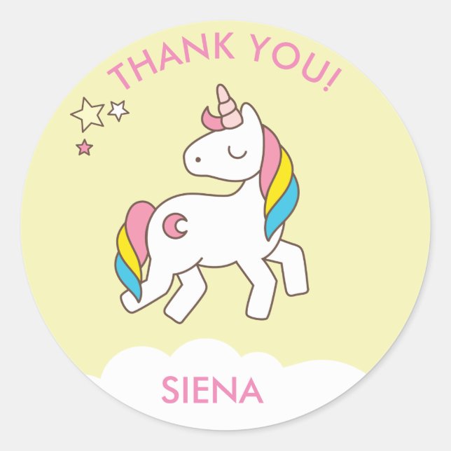 Sticker Rond Pastel Yellow Unicorn Anniversaire Merci (Devant)