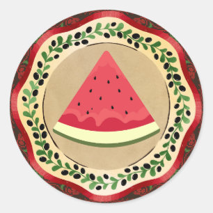 Sticker Rond pastèque sur plaque d'olive avec tatreez palestini