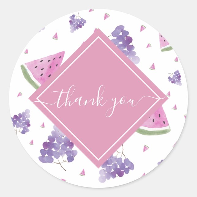 Sticker Rond Pastèque tropicale fraîche et Merci de raisins (Devant)