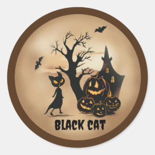 Sticker Rond "Patch Citrouille avec un chat noir"