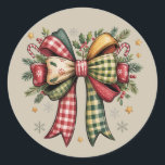Sticker Rond Patchwork Christmas Bow Cosy Rustic Holiday<br><div class="desc">Patchwork Christmas Bow Cosy Rustic Holiday</div>