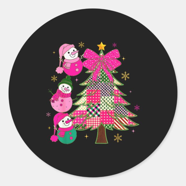 Sticker Rond Patchwork Coquette Bow Xmas Snowman Holiday Christ (Devant)