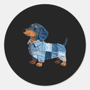 Sticker Rond Patchwork de chien teckel en denim Art vintage