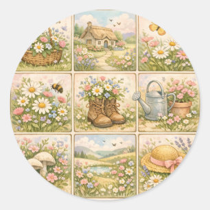Sticker Rond Patchwork de jardin de fleurs sauvages Cottagecore
