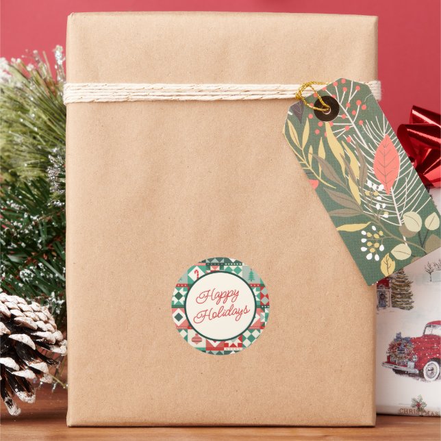 Sticker Rond Patchwork de Noël Rouge et Vert Joyeuses Fêtes (vacances)