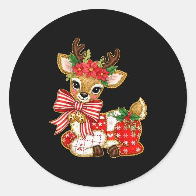 Sticker Rond Patchwork Reindeer Preppy Girly Christmas Xmas Hol (Devant)