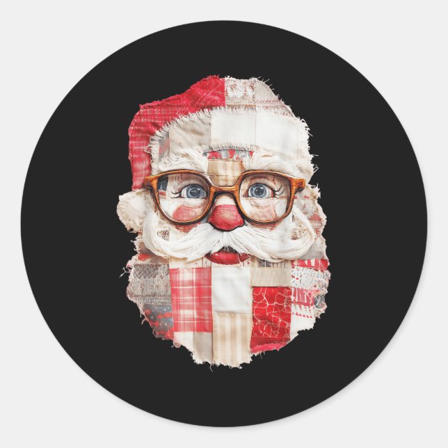 Sticker Rond Patchwork Santa Claus Face Preppy Girly Christmas  (Devant)